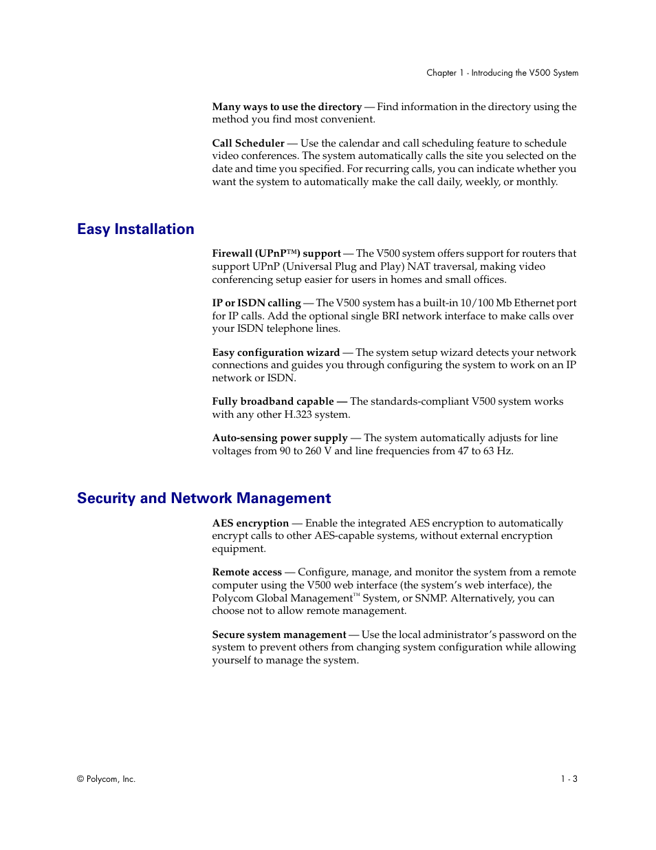 Easy installation, Security and network management | Polycom Audio and Video User Manual | Page 11 / 136