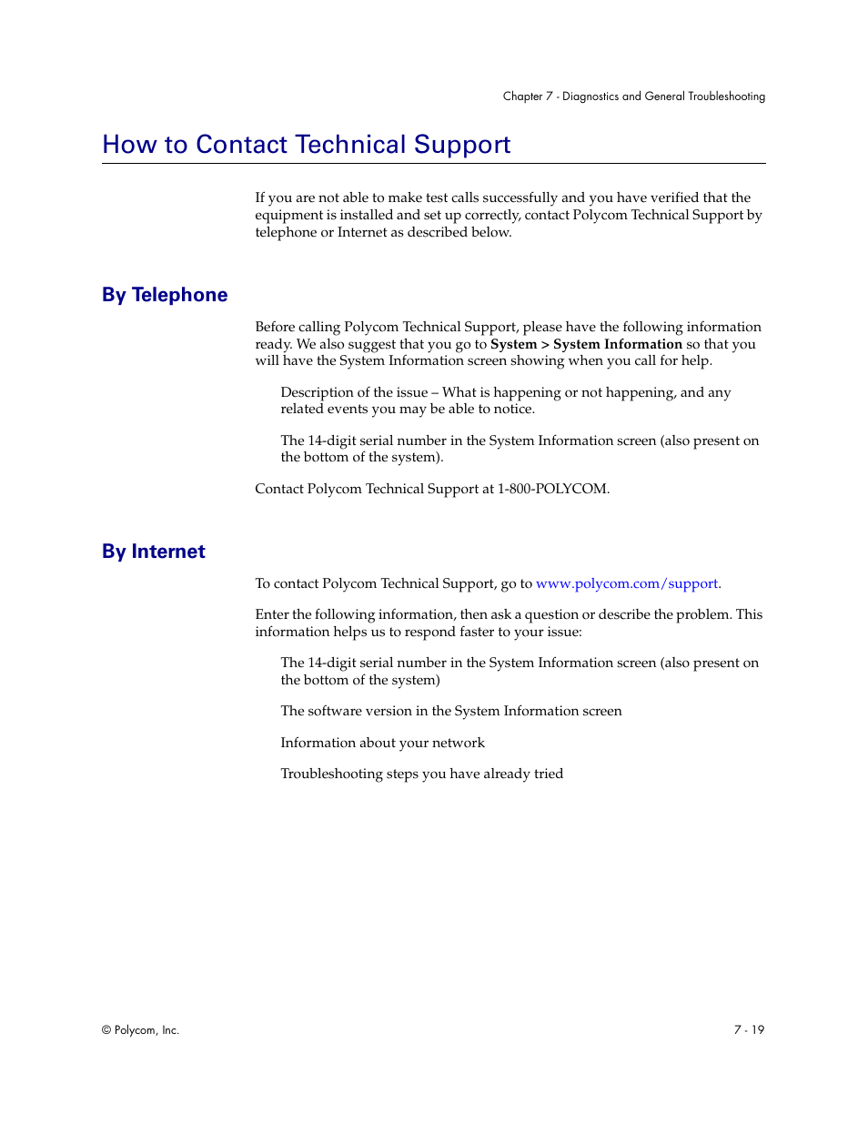 How to contact technical support, By telephone, By internet | How to contact technical support - 19, By telephone - 19 by internet - 19 | Polycom Audio and Video User Manual | Page 111 / 136