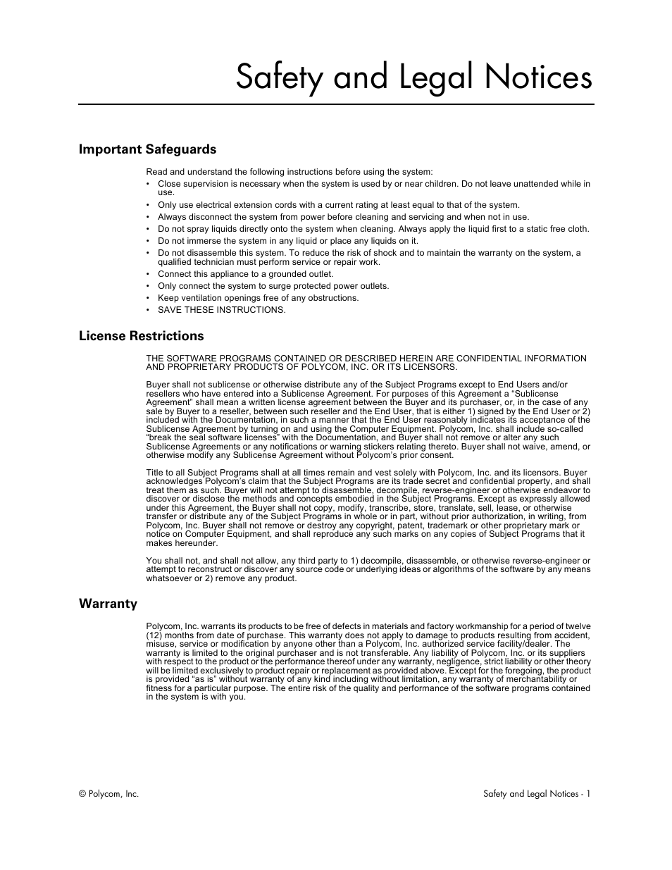Safety and legal notices, Important safeguards, License restrictions | Warranty | Polycom Audio and Video User Manual | Page 121 / 136