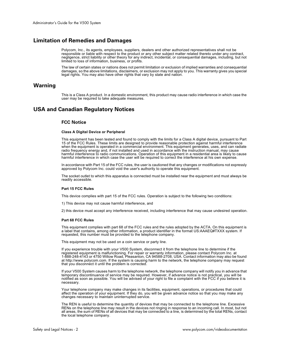 Limitation of remedies and damages, Warning, Usa and canadian regulatory notices | Polycom Audio and Video User Manual | Page 122 / 136
