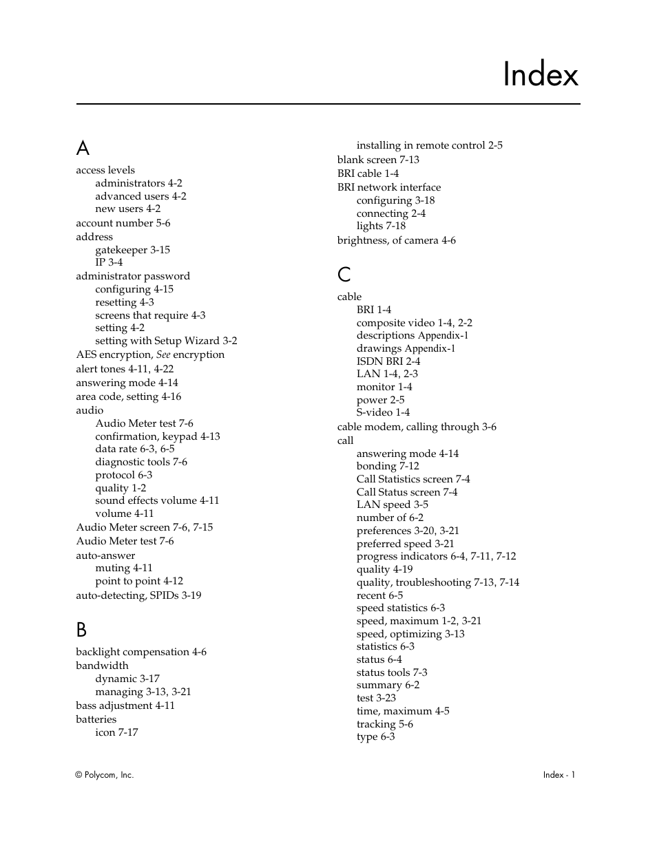 Index | Polycom Audio and Video User Manual | Page 127 / 136