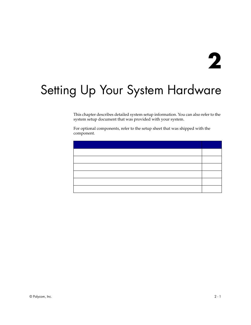 Setting up your system hardware, Chapter 2 - setting up your system hardware | Polycom Audio and Video User Manual | Page 15 / 136
