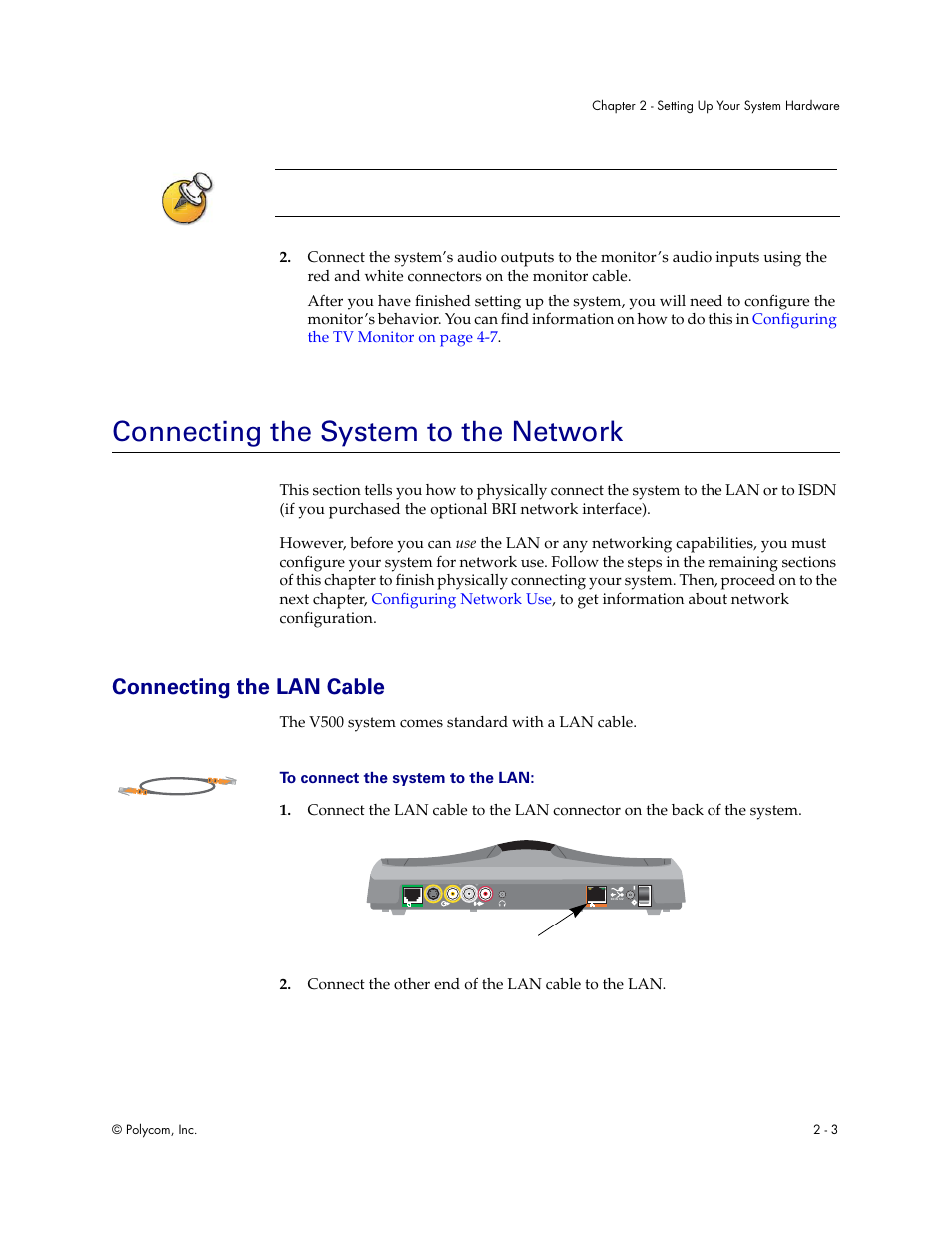 Connecting the system to the network, Connecting the lan cable, Connecting the system to the network - 3 | Connecting the lan cable - 3 | Polycom Audio and Video User Manual | Page 17 / 136