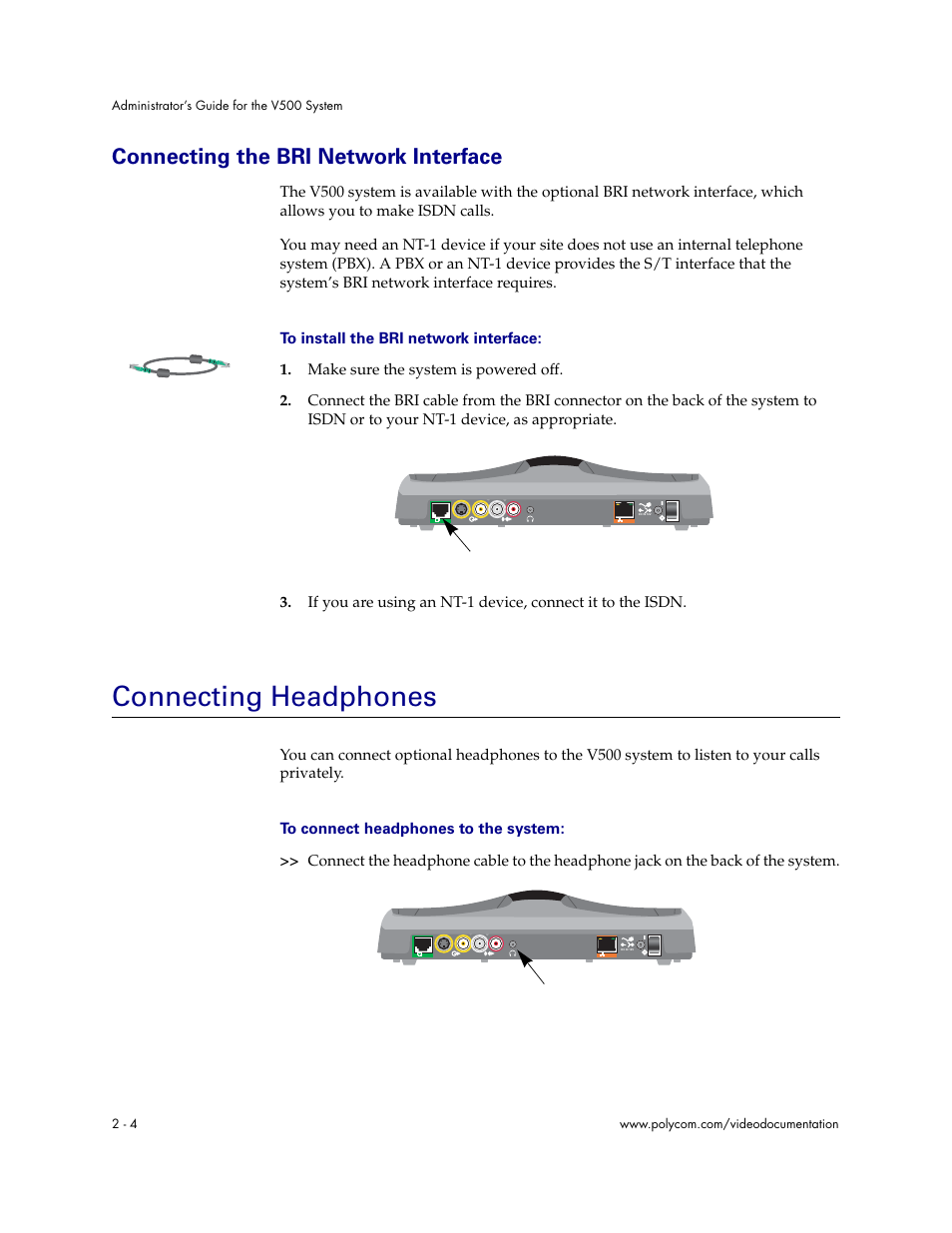 Connecting the bri network interface, Connecting headphones, Connecting the bri network interface - 4 | Connecting headphones - 4 | Polycom Audio and Video User Manual | Page 18 / 136