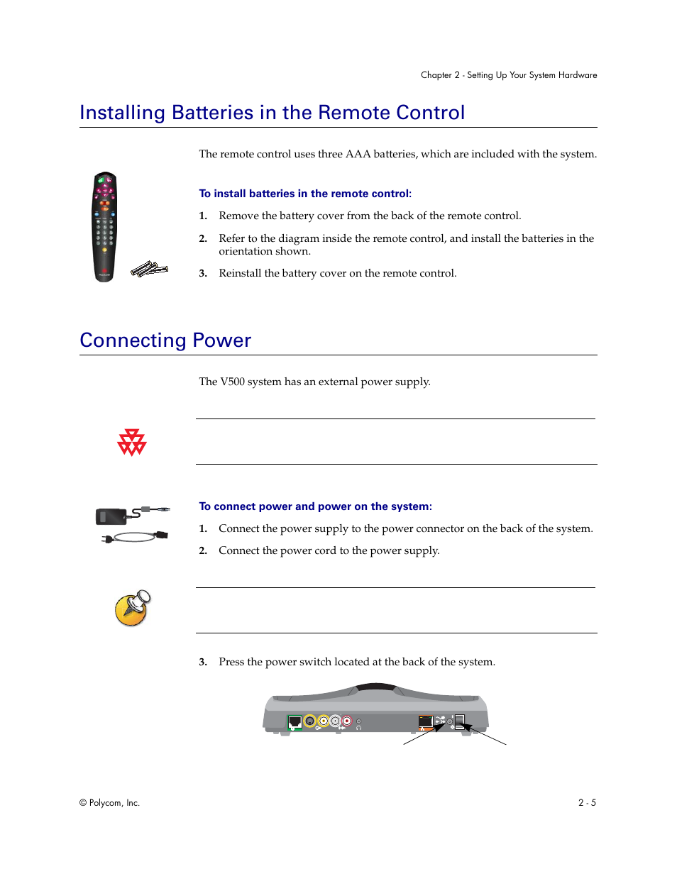 Installing batteries in the remote control, Connecting power | Polycom Audio and Video User Manual | Page 19 / 136
