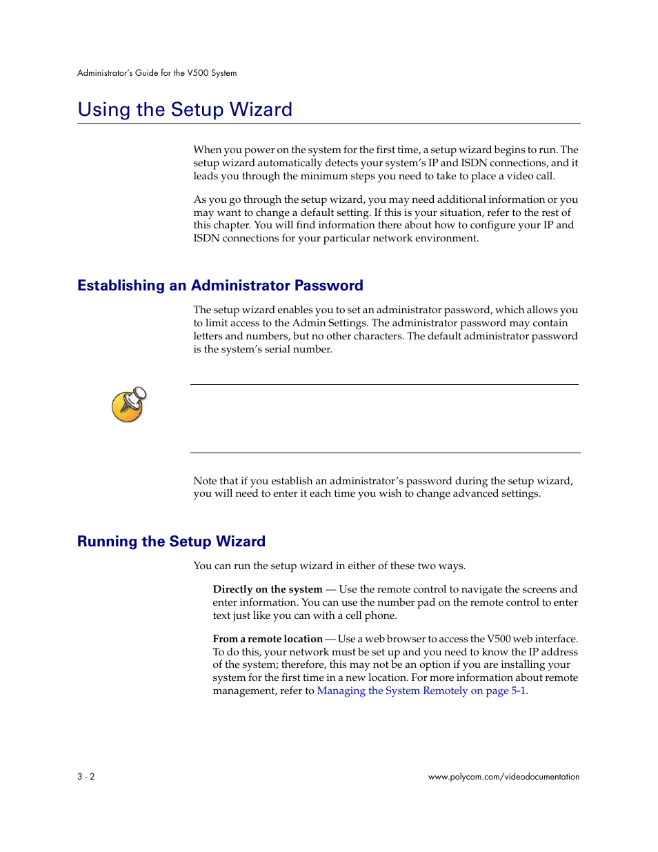 Using the setup wizard, Establishing an administrator password, Running the setup wizard | Using the setup wizard - 2 | Polycom Audio and Video User Manual | Page 22 / 136