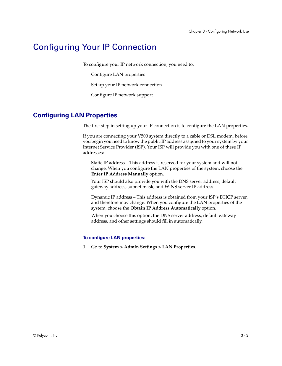 Configuring your ip connection, Configuring lan properties, Configuring your ip connection - 3 | Configuring lan properties - 3 | Polycom Audio and Video User Manual | Page 23 / 136