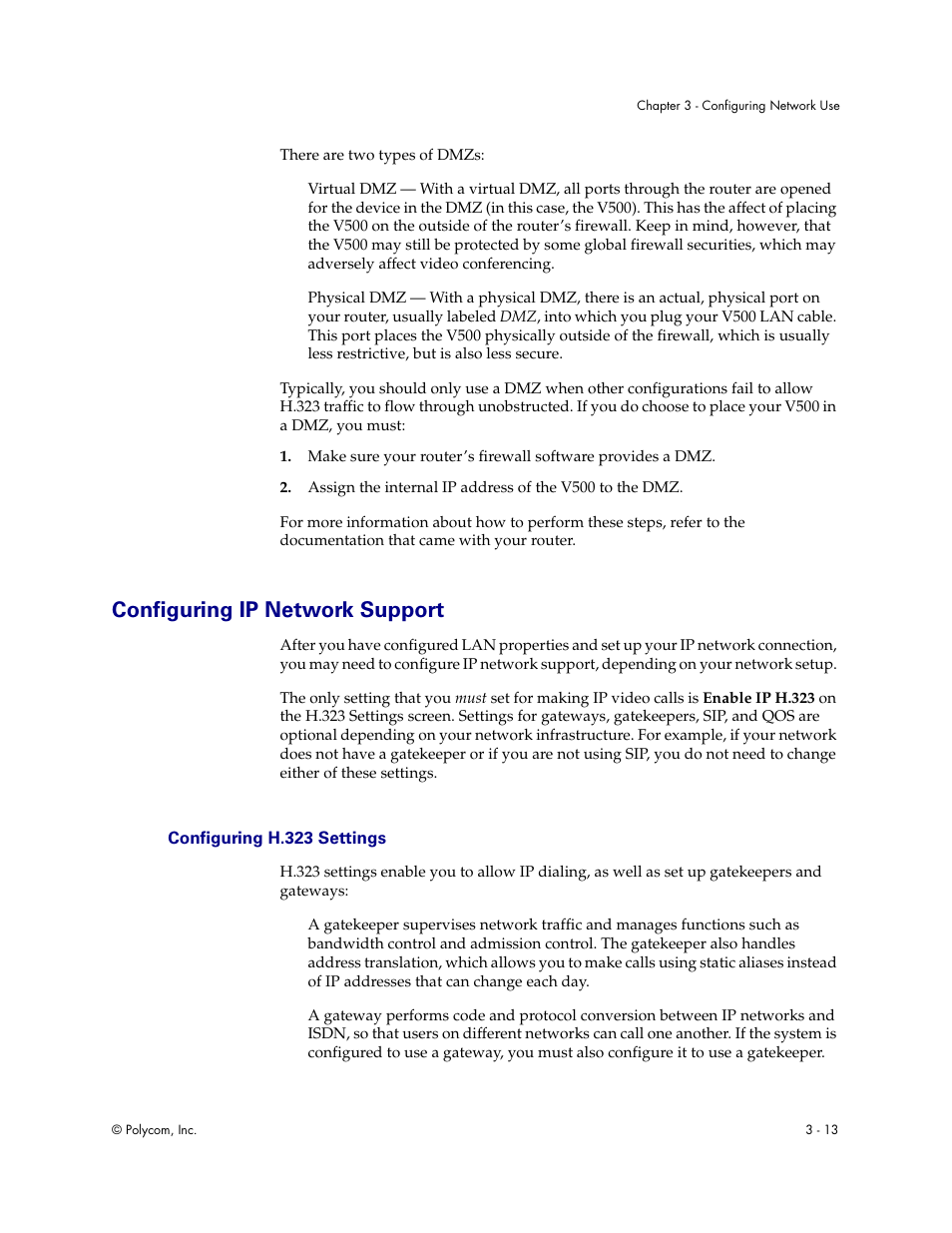 Configuring ip network support, Configuring h.323 settings, Configuring ip network support - 13 | Configuring h.323 settings - 13, Next section | Polycom Audio and Video User Manual | Page 33 / 136
