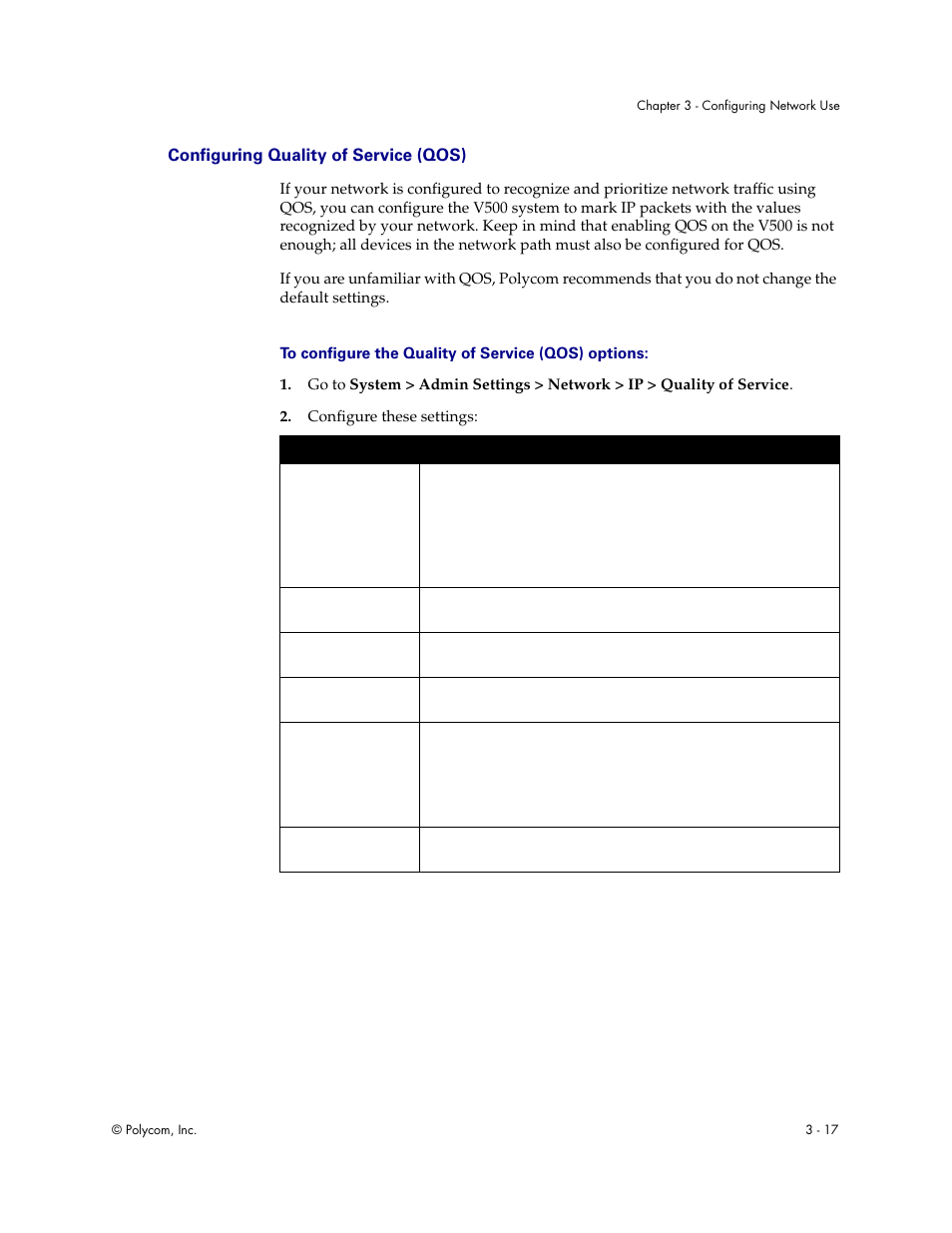 Configuring quality of service (qos), Configuring quality of service (qos) - 17 | Polycom Audio and Video User Manual | Page 37 / 136