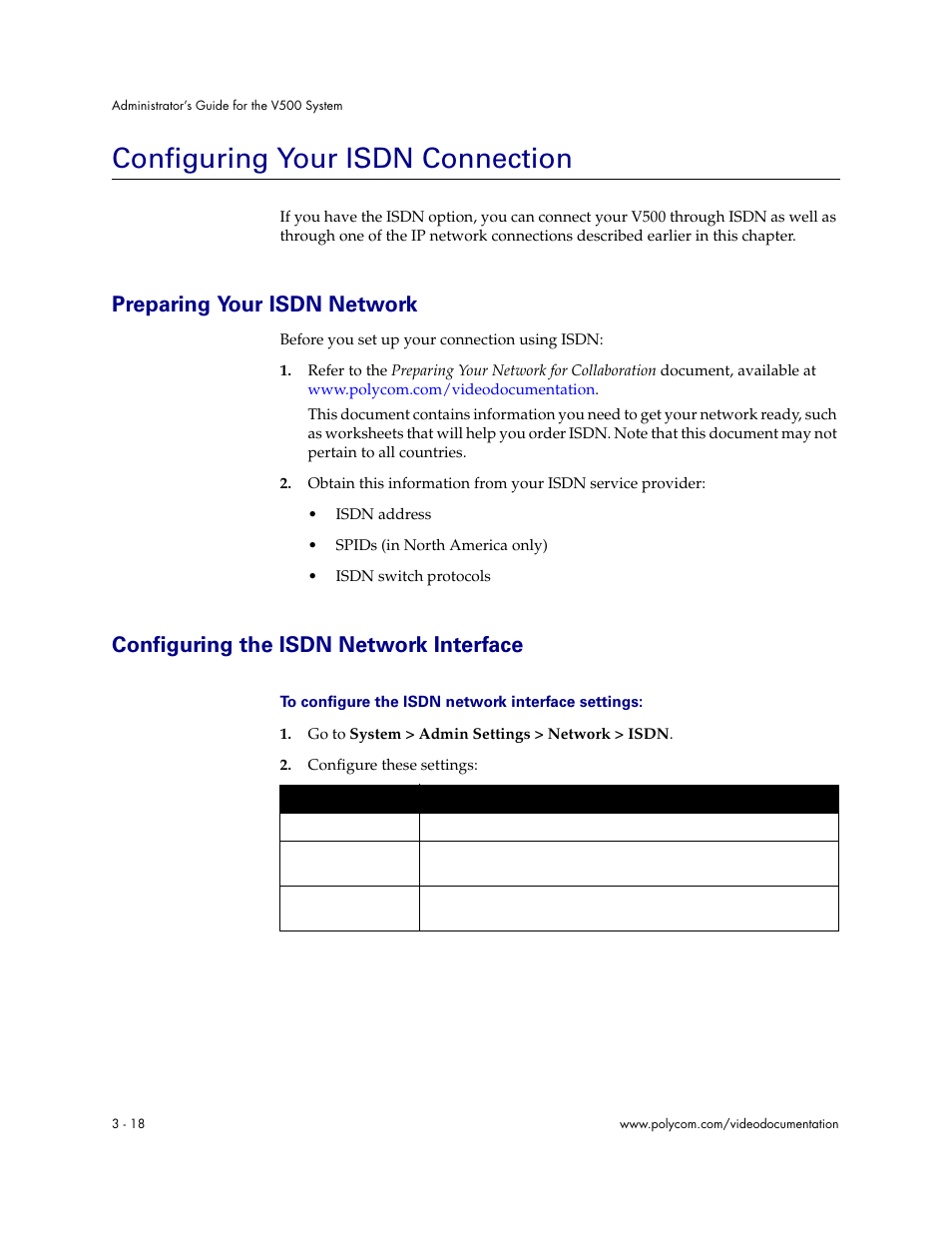 Configuring your isdn connection, Preparing your isdn network, Configuring the isdn network interface | Configuring your isdn connection - 18 | Polycom Audio and Video User Manual | Page 38 / 136