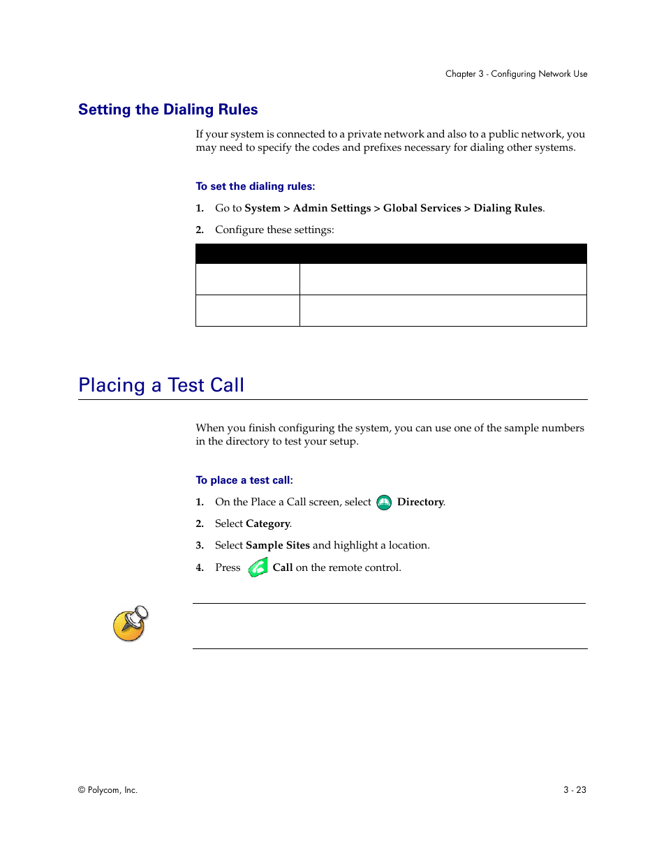 Setting the dialing rules, Placing a test call, Setting the dialing rules - 23 | Placing a test call - 23 | Polycom Audio and Video User Manual | Page 43 / 136