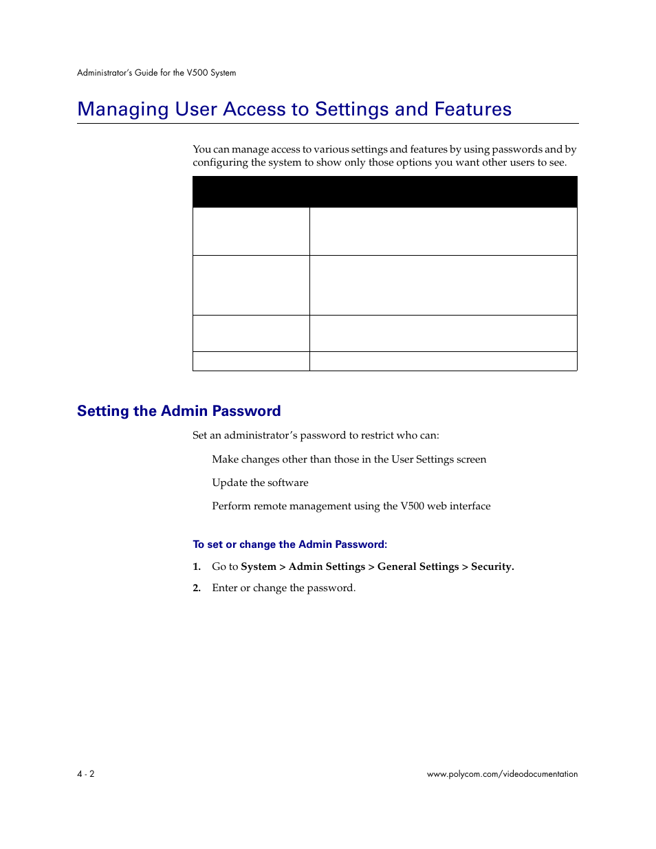 Managing user access to settings and features, Setting the admin password, Managing user access to settings and features - 2 | Setting the admin password - 2 | Polycom Audio and Video User Manual | Page 48 / 136