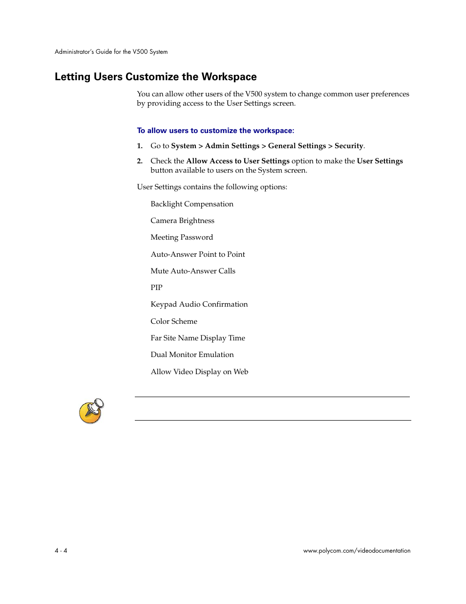 Letting users customize the workspace, Letting users customize the workspace - 4 | Polycom Audio and Video User Manual | Page 50 / 136