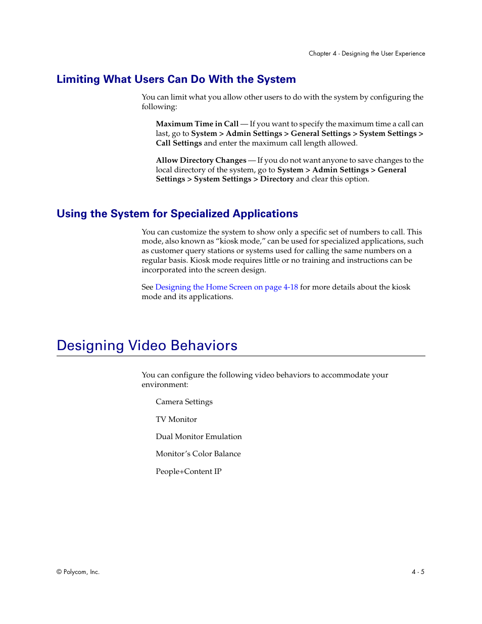 Limiting what users can do with the system, Using the system for specialized applications, Designing video behaviors | Designing video behaviors - 5, Using the system for specialized applications on, Limiting what users can do with the system on | Polycom Audio and Video User Manual | Page 51 / 136