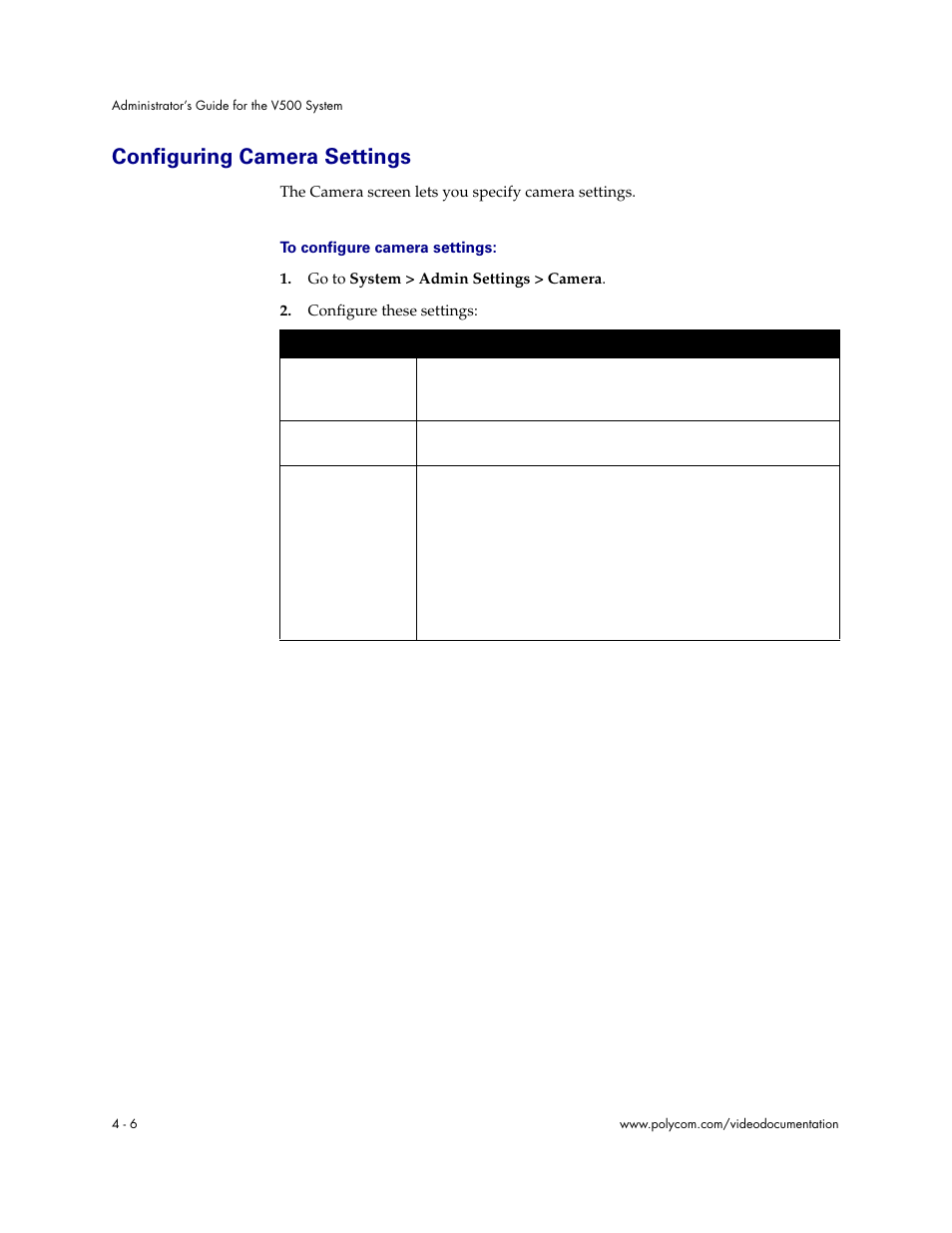 Configuring camera settings, Configuring camera settings - 6 | Polycom Audio and Video User Manual | Page 52 / 136