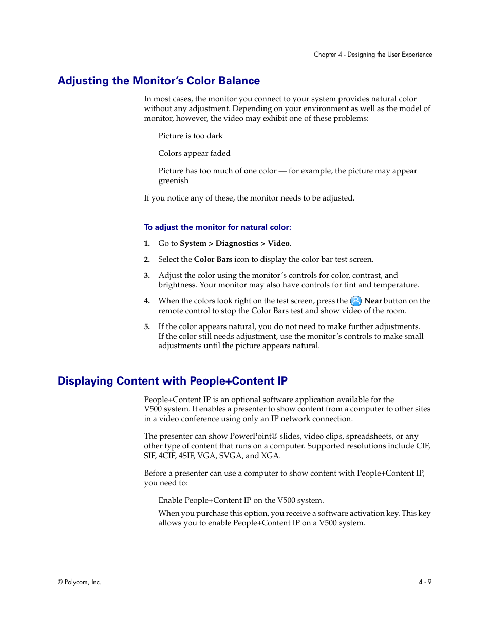 Adjusting the monitor’s color balance, Displaying content with people+content ip | Polycom Audio and Video User Manual | Page 55 / 136