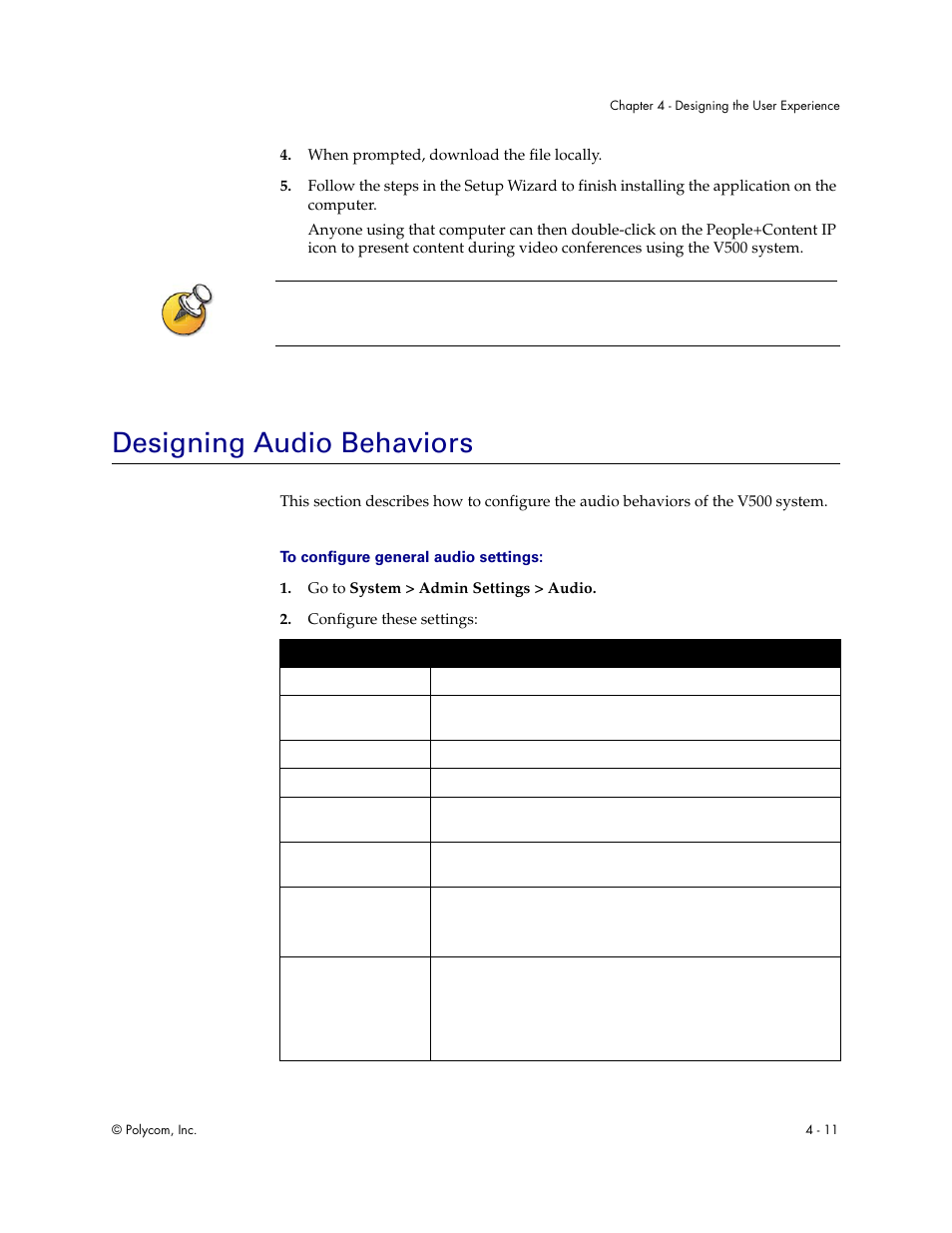 Designing audio behaviors, Designing audio behaviors - 11 | Polycom Audio and Video User Manual | Page 57 / 136