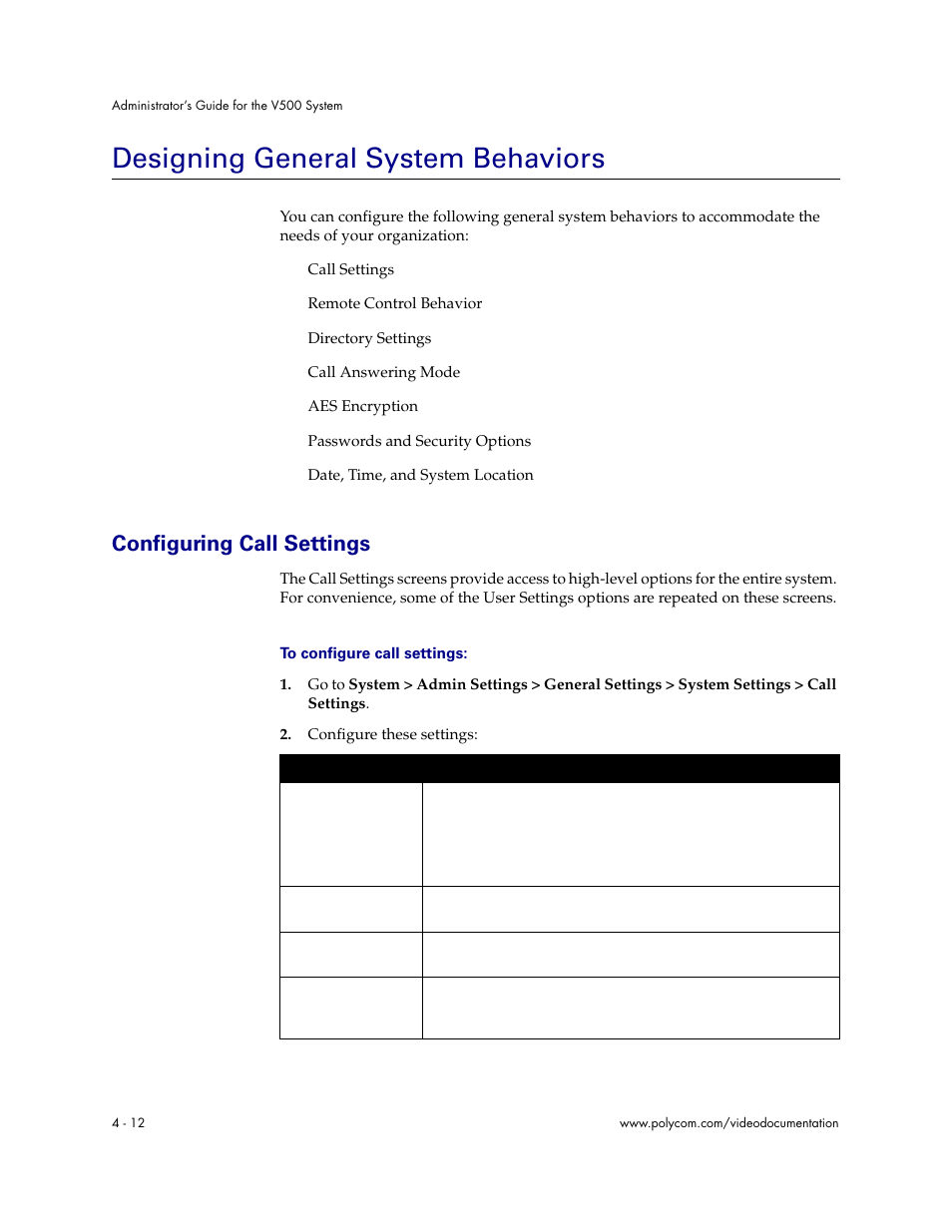 Designing general system behaviors, Configuring call settings, Designing general system behaviors - 12 | Configuring call settings - 12 | Polycom Audio and Video User Manual | Page 58 / 136