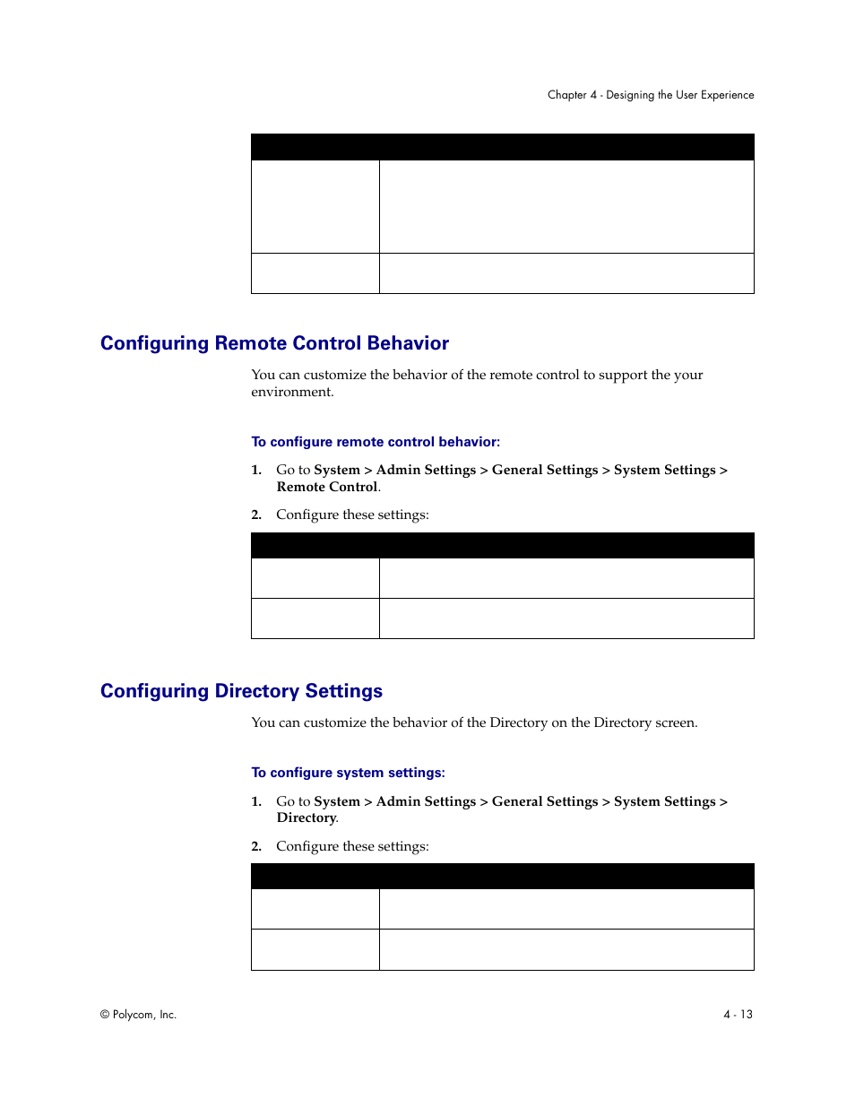 Configuring remote control behavior, Configuring directory settings | Polycom Audio and Video User Manual | Page 59 / 136