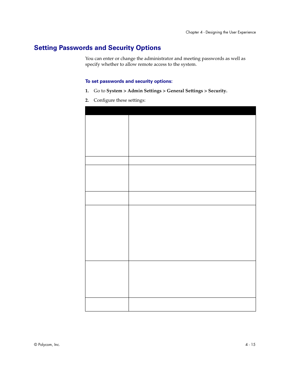 Setting passwords and security options, Setting passwords and security options - 15 | Polycom Audio and Video User Manual | Page 61 / 136