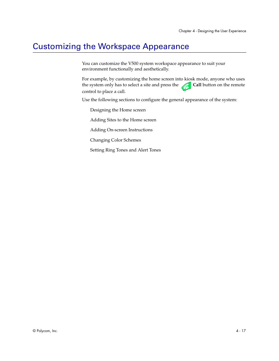 Customizing the workspace appearance, Customizing the workspace appearance - 17 | Polycom Audio and Video User Manual | Page 63 / 136