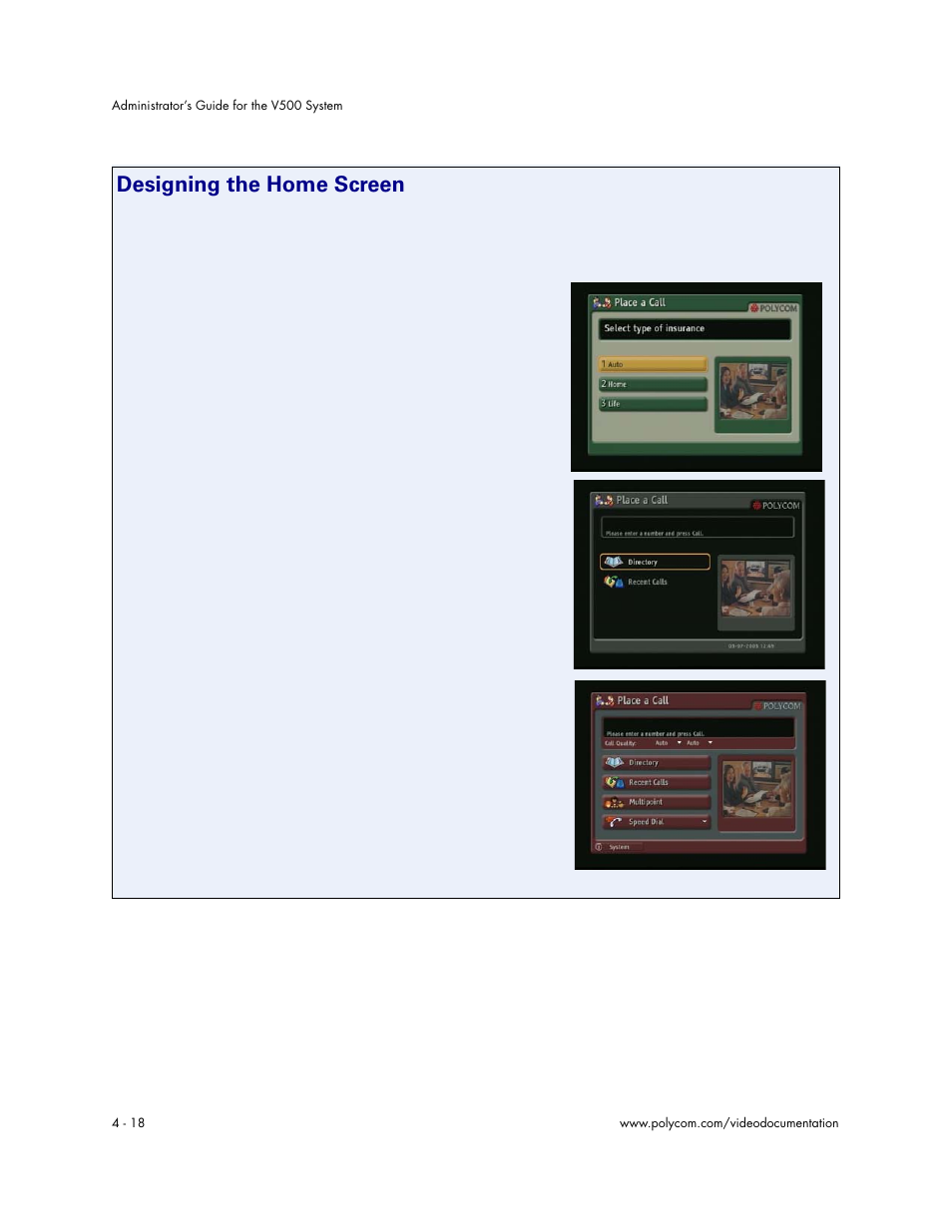 Designing the home screen, Designing the home screen - 18 | Polycom Audio and Video User Manual | Page 64 / 136