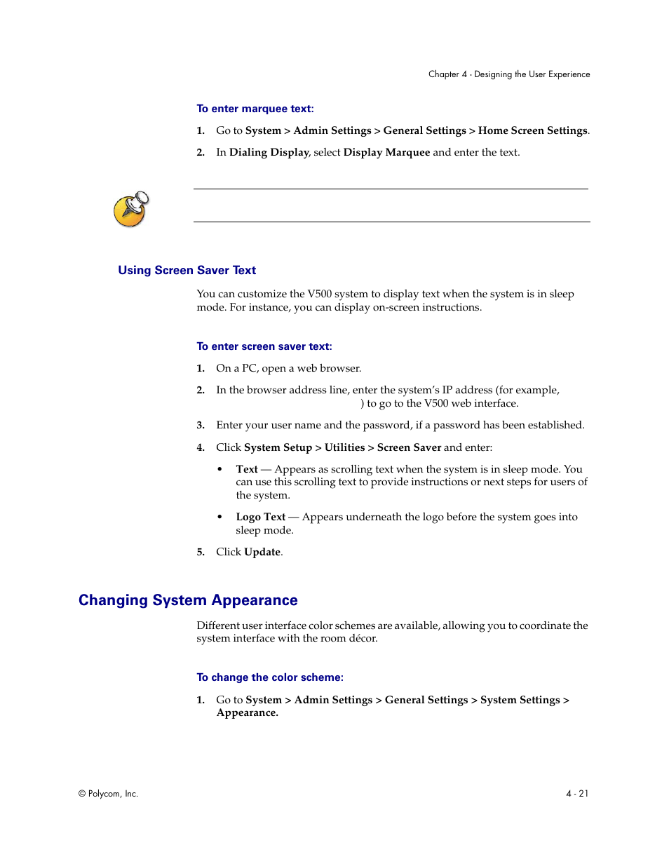 Using screen saver text, Changing system appearance, Using screen saver text - 21 | Changing system appearance - 21 | Polycom Audio and Video User Manual | Page 67 / 136