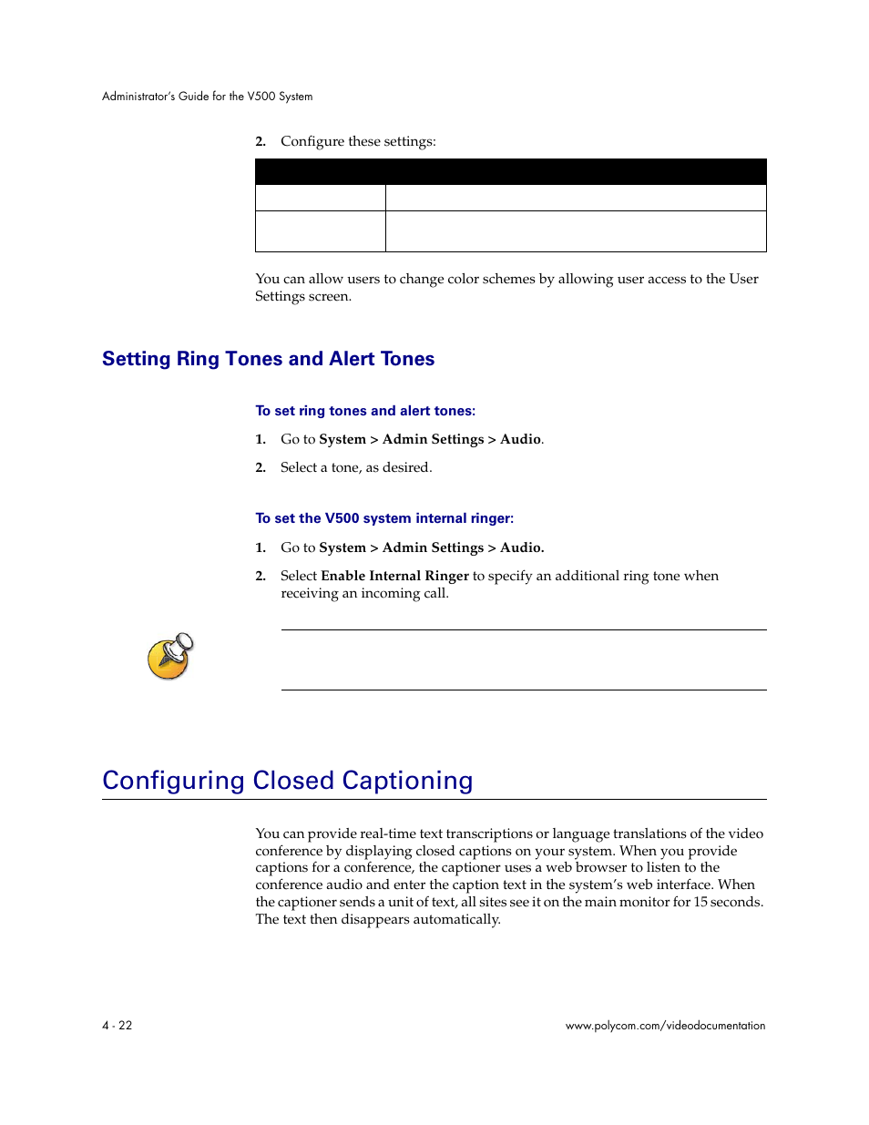 Setting ring tones and alert tones, Configuring closed captioning, Setting ring tones and alert tones - 22 | Configuring closed captioning - 22 | Polycom Audio and Video User Manual | Page 68 / 136