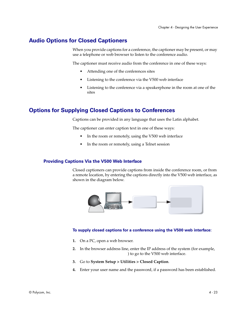 Audio options for closed captioners, Providing captions via the v500 web interface, Providing captions via the v500 web interface - 23 | Polycom Audio and Video User Manual | Page 69 / 136