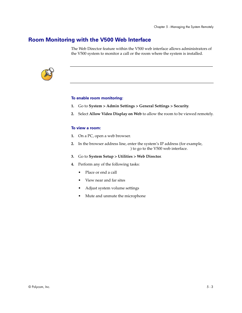 Room monitoring with the v500 web interface, Room monitoring with the v500 web interface - 3 | Polycom Audio and Video User Manual | Page 75 / 136