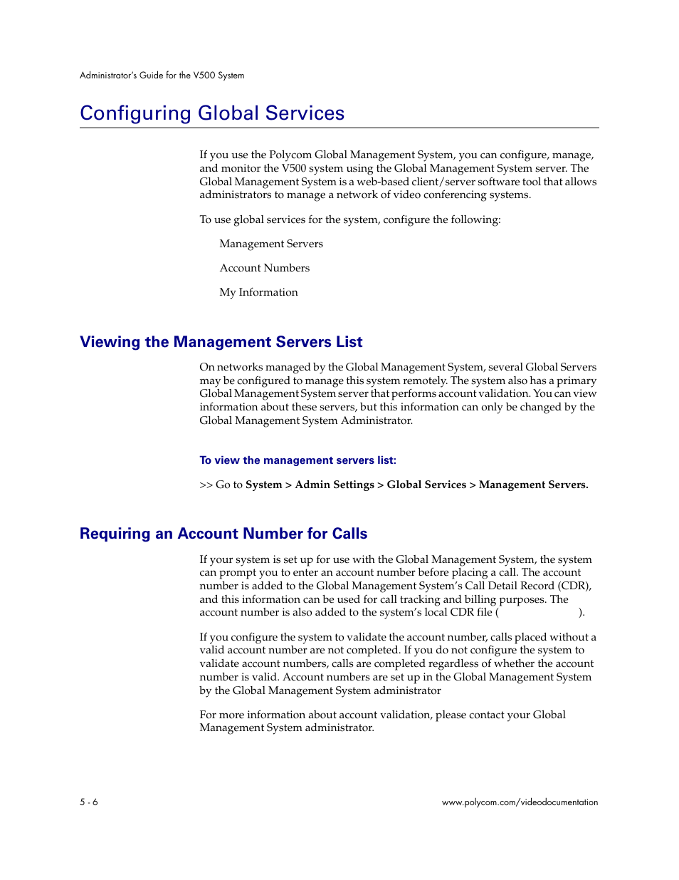 Configuring global services, Viewing the management servers list, Requiring an account number for calls | Configuring global services - 6 | Polycom Audio and Video User Manual | Page 78 / 136