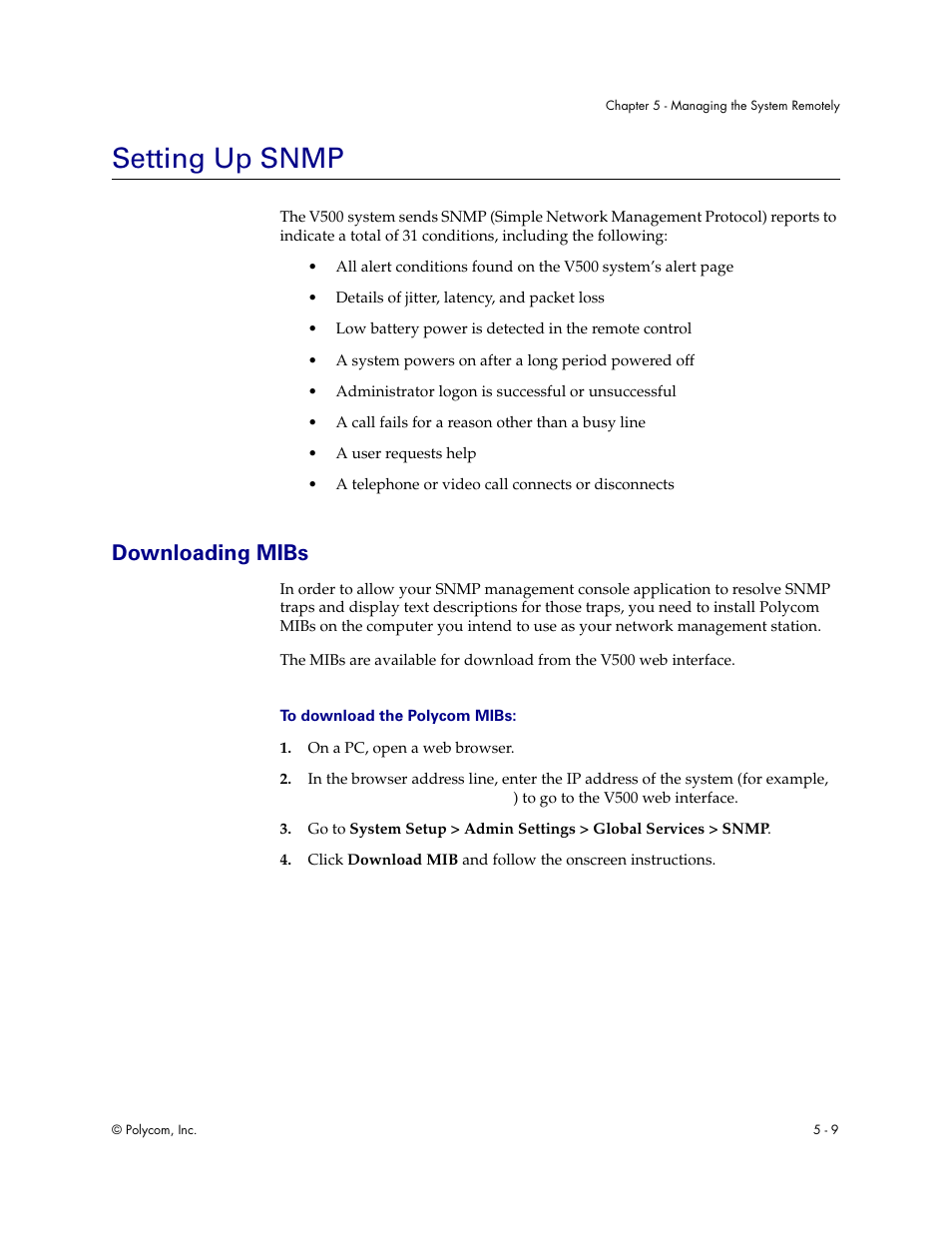 Setting up snmp, Downloading mibs, Setting up snmp - 9 | Downloading mibs - 9 | Polycom Audio and Video User Manual | Page 81 / 136