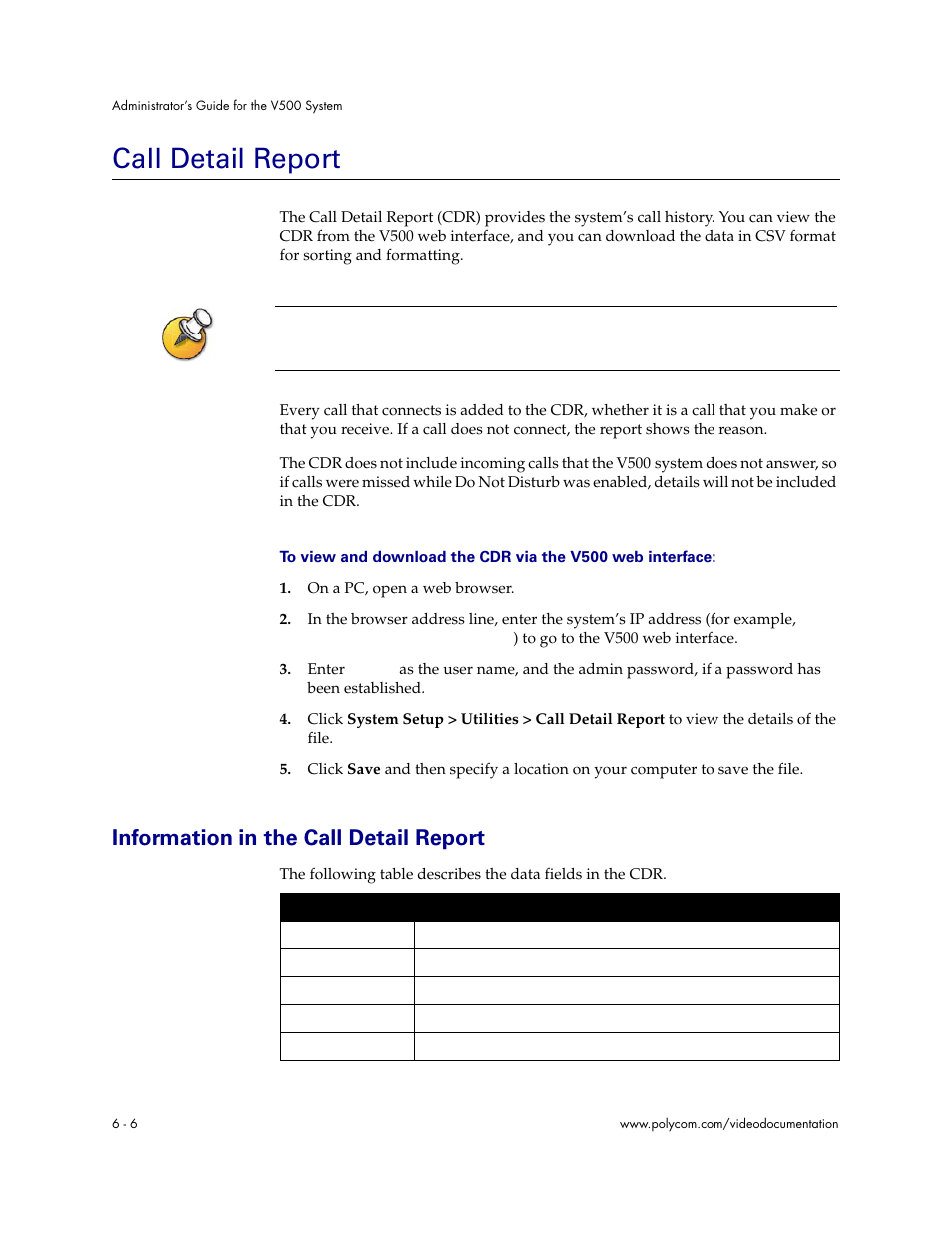 Call detail report, Information in the call detail report, Call detail report - 6 | Information in the call detail report - 6 | Polycom Audio and Video User Manual | Page 88 / 136