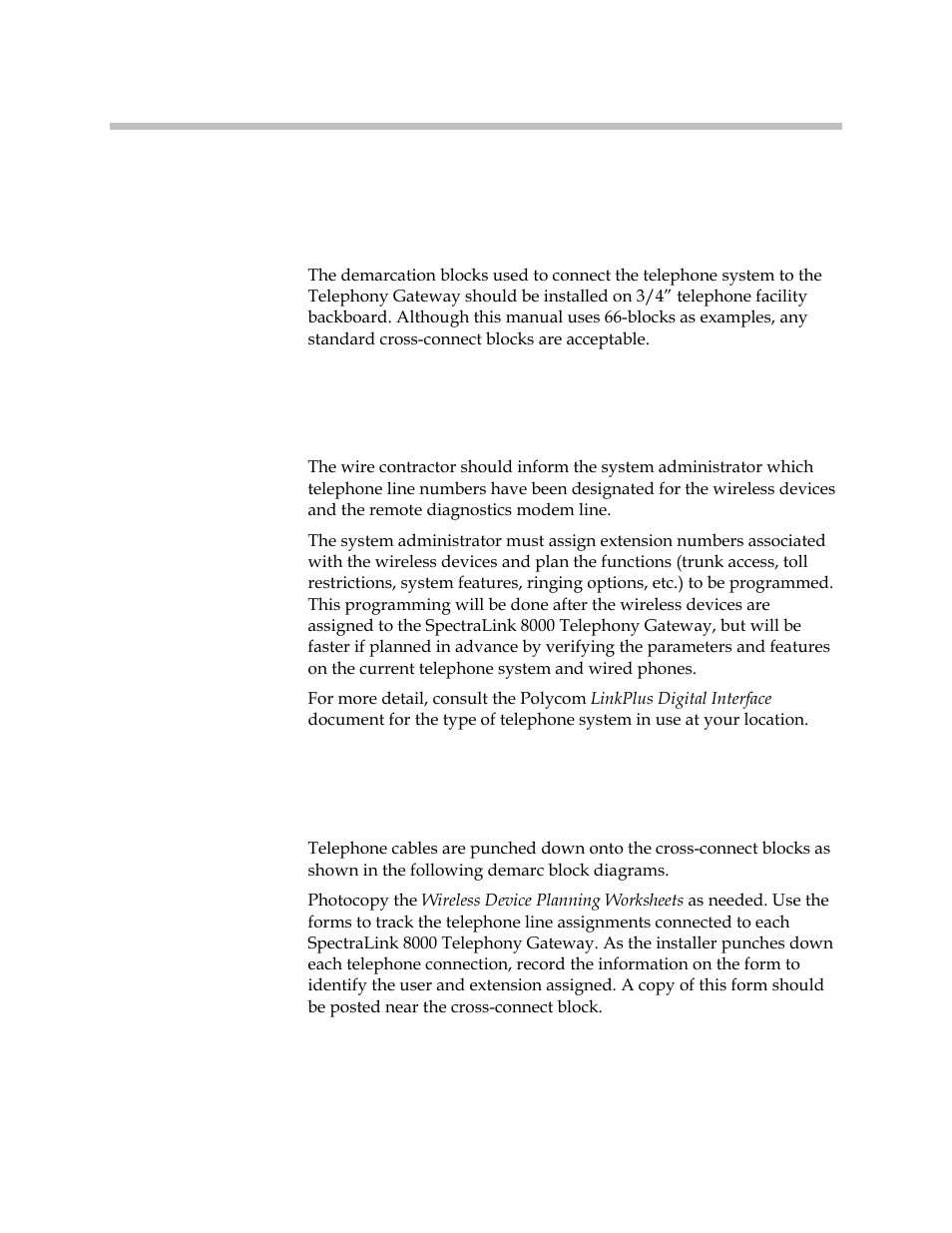 Install telephone demarc blocks, Assign and program telephone ports, Connect telephone lines to demarc blocks | Polycom SpectraLink 1725-36028-001 User Manual | Page 25 / 110