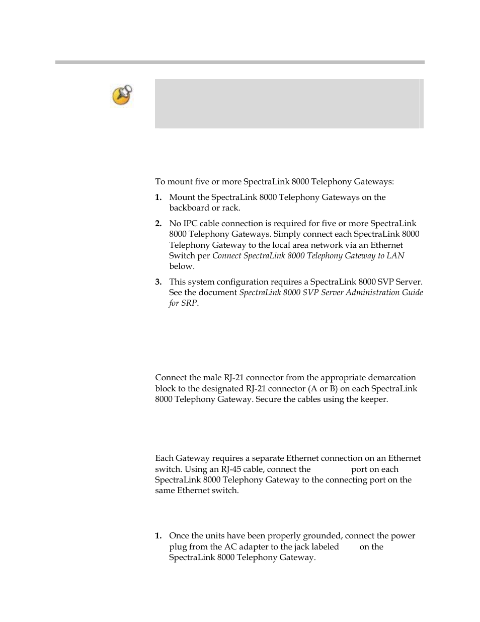 Connect spectralink 8000 telephony gateway to lan, Connect power | Polycom SpectraLink 1725-36028-001 User Manual | Page 36 / 110