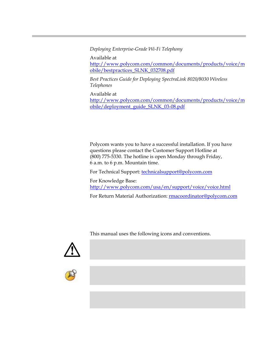 Customer support, Icons and conventions | Polycom SpectraLink 1725-36028-001 User Manual | Page 4 / 110