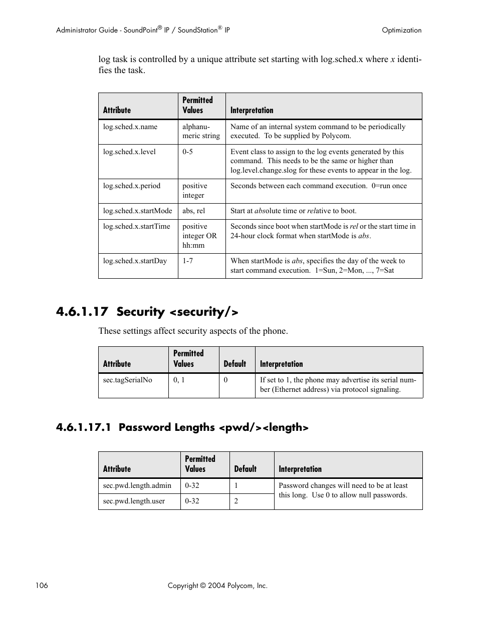 17 security <security, 1 password lengths <pwd/><length | Polycom Version 1.4.x 17 User Manual | Page 114 / 147