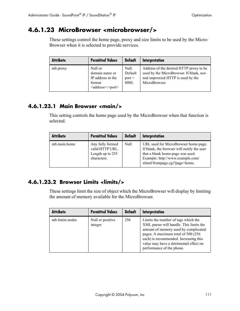 23 microbrowser <microbrowser, 1 main browser <main, 2 browser limits <limits | Polycom Version 1.4.x 17 User Manual | Page 119 / 147