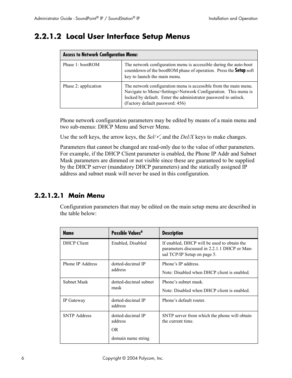 2 local user interface setup menus, 1 main menu | Polycom Version 1.4.x 17 User Manual | Page 14 / 147