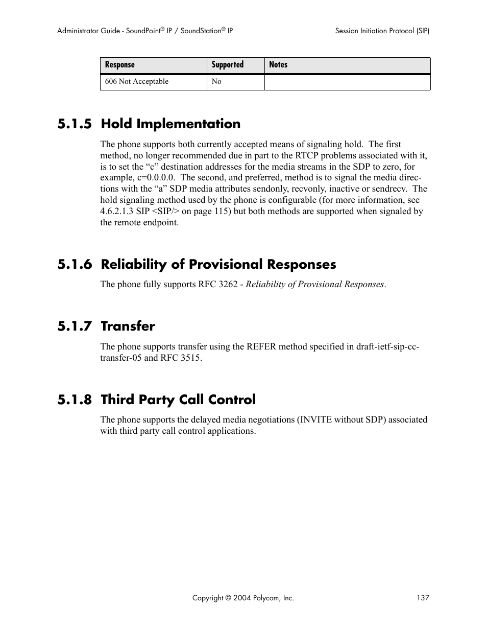 5 hold implementation, 6 reliability of provisional responses, 7 transfer | 8 third party call control | Polycom Version 1.4.x 17 User Manual | Page 145 / 147