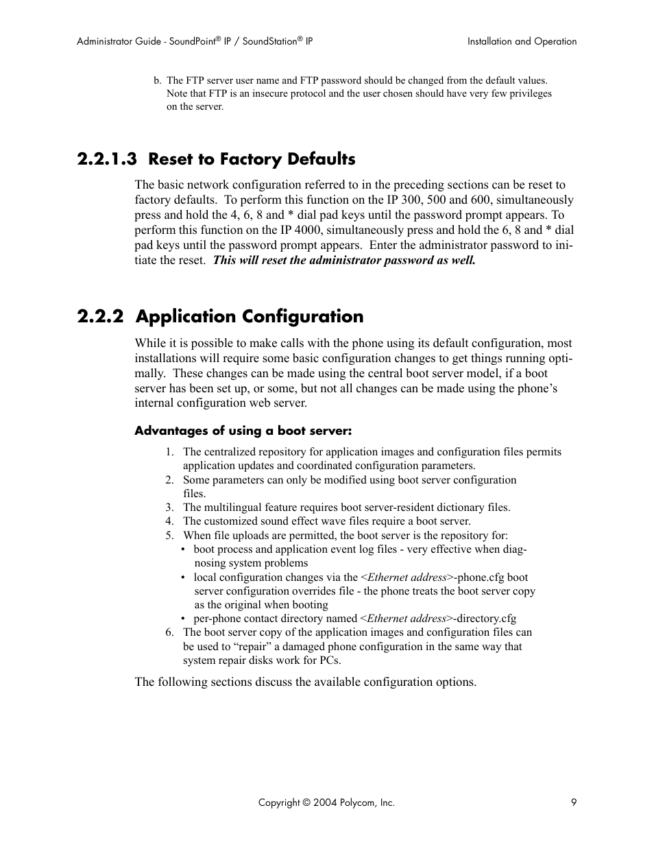 3 reset to factory defaults, 2 application configuration | Polycom Version 1.4.x 17 User Manual | Page 17 / 147