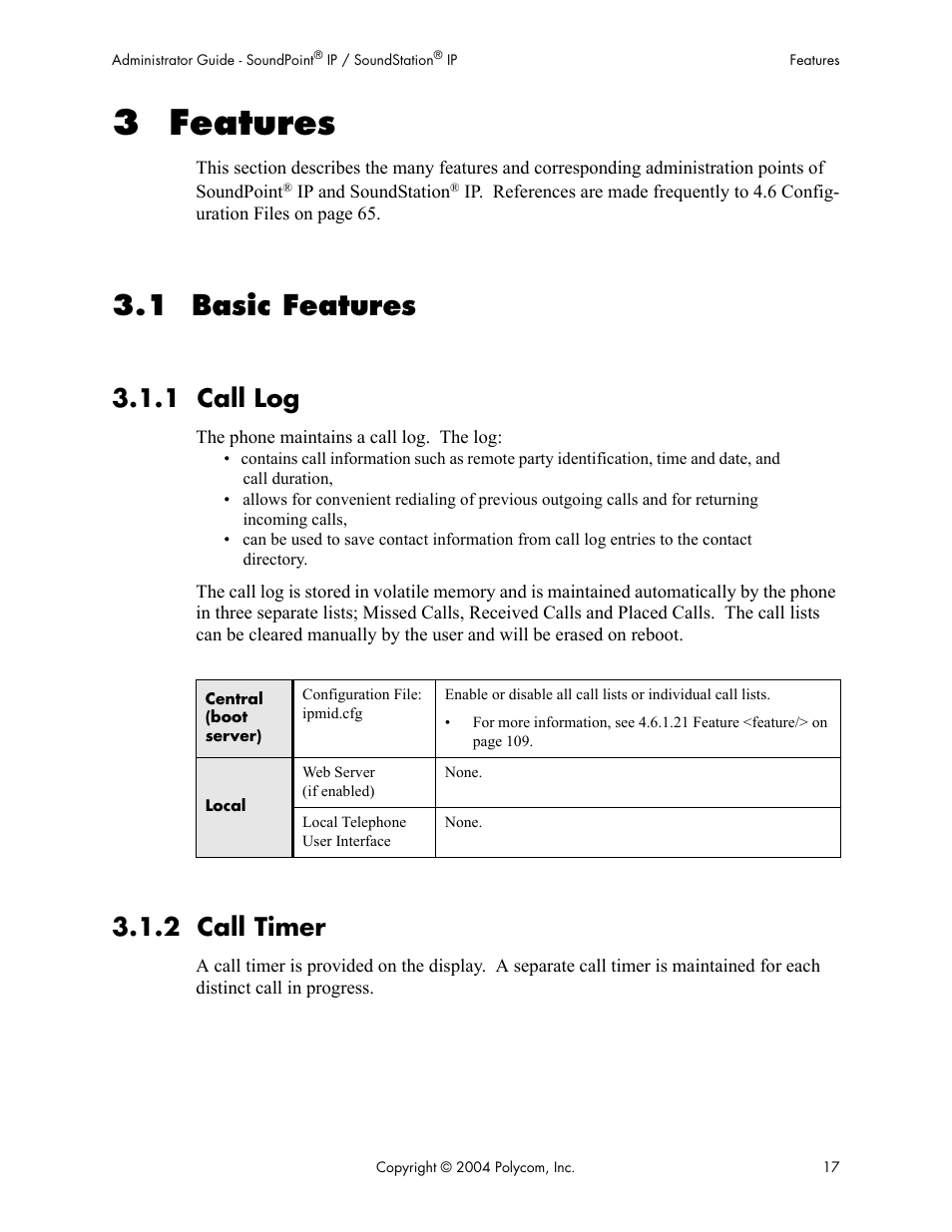 3 features, 1 basic features, 1 call log | 2 call timer, 1 call log 3.1.2 call timer | Polycom Version 1.4.x 17 User Manual | Page 25 / 147