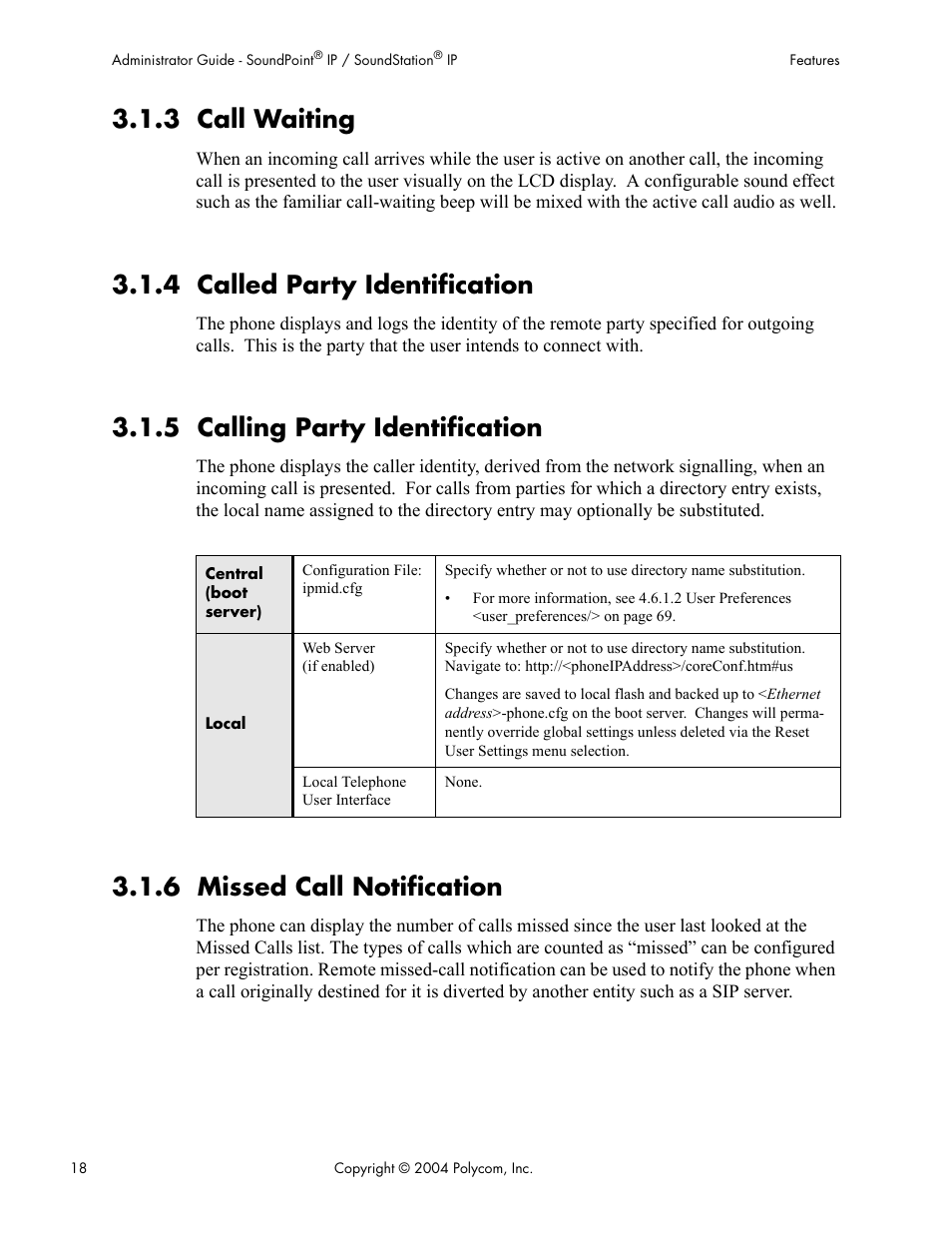 3 call waiting, 4 called party identification, 5 calling party identification | 6 missed call notification | Polycom Version 1.4.x 17 User Manual | Page 26 / 147