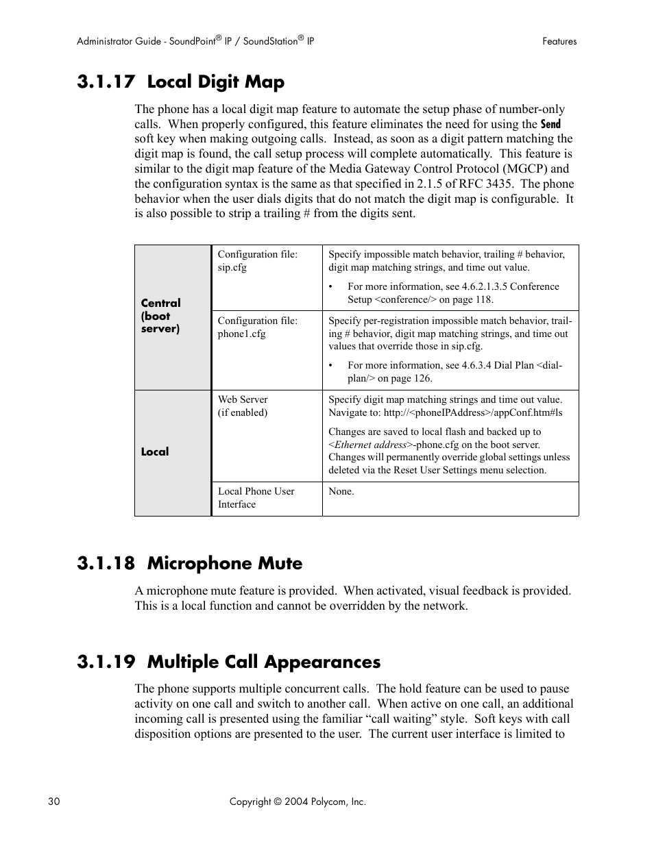 17 local digit map, 18 microphone mute, 19 multiple call appearances | Polycom Version 1.4.x 17 User Manual | Page 38 / 147