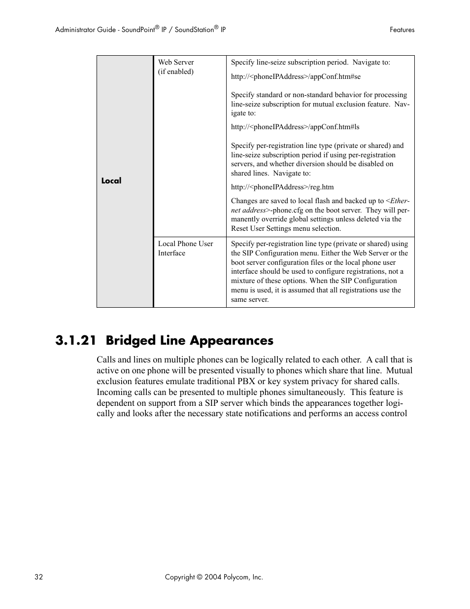 21 bridged line appearances | Polycom Version 1.4.x 17 User Manual | Page 40 / 147