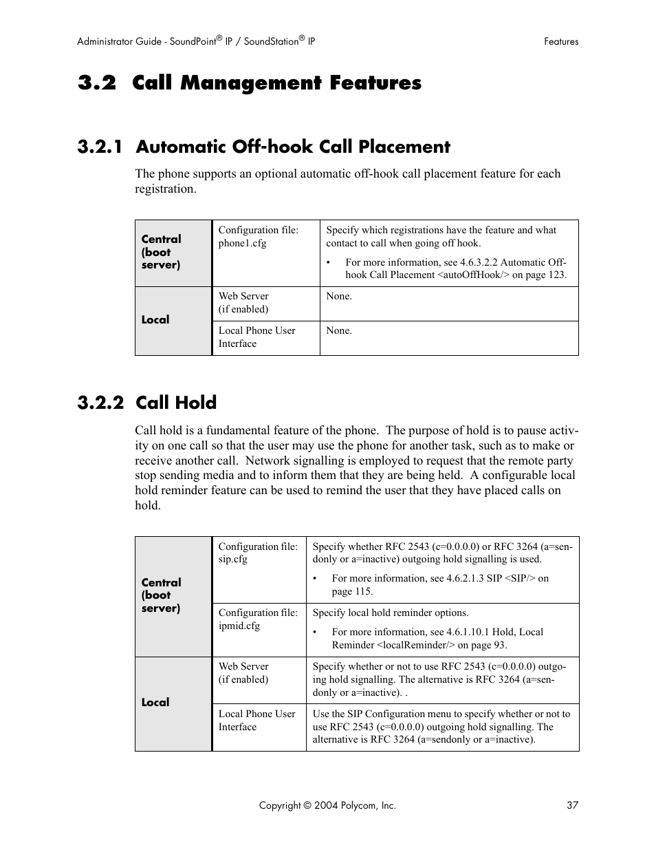 2 call management features, 1 automatic off-hook call placement, 2 call hold | Polycom Version 1.4.x 17 User Manual | Page 45 / 147