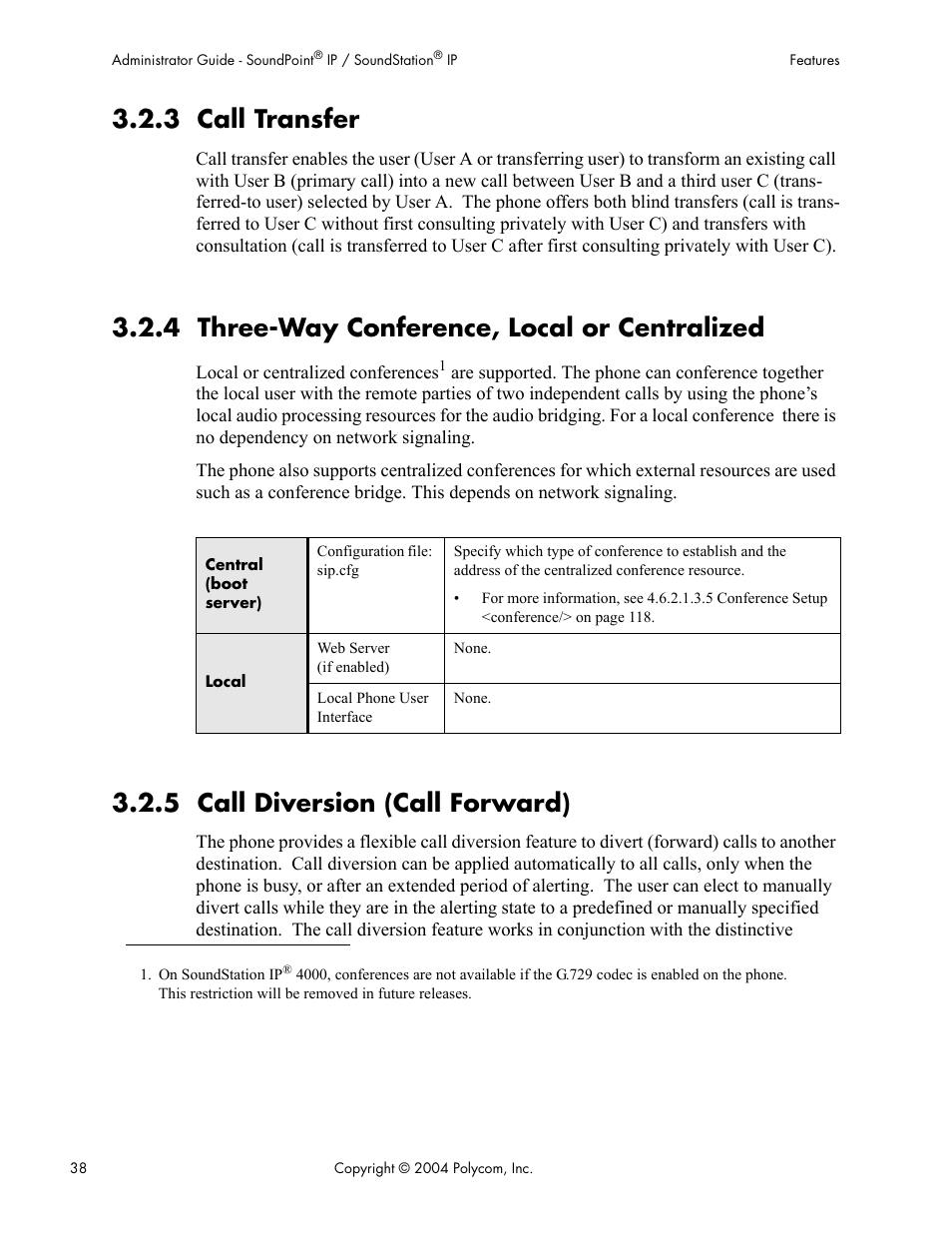 3 call transfer, 4 three-way conference, local or centralized, 5 call diversion (call forward) | Polycom Version 1.4.x 17 User Manual | Page 46 / 147