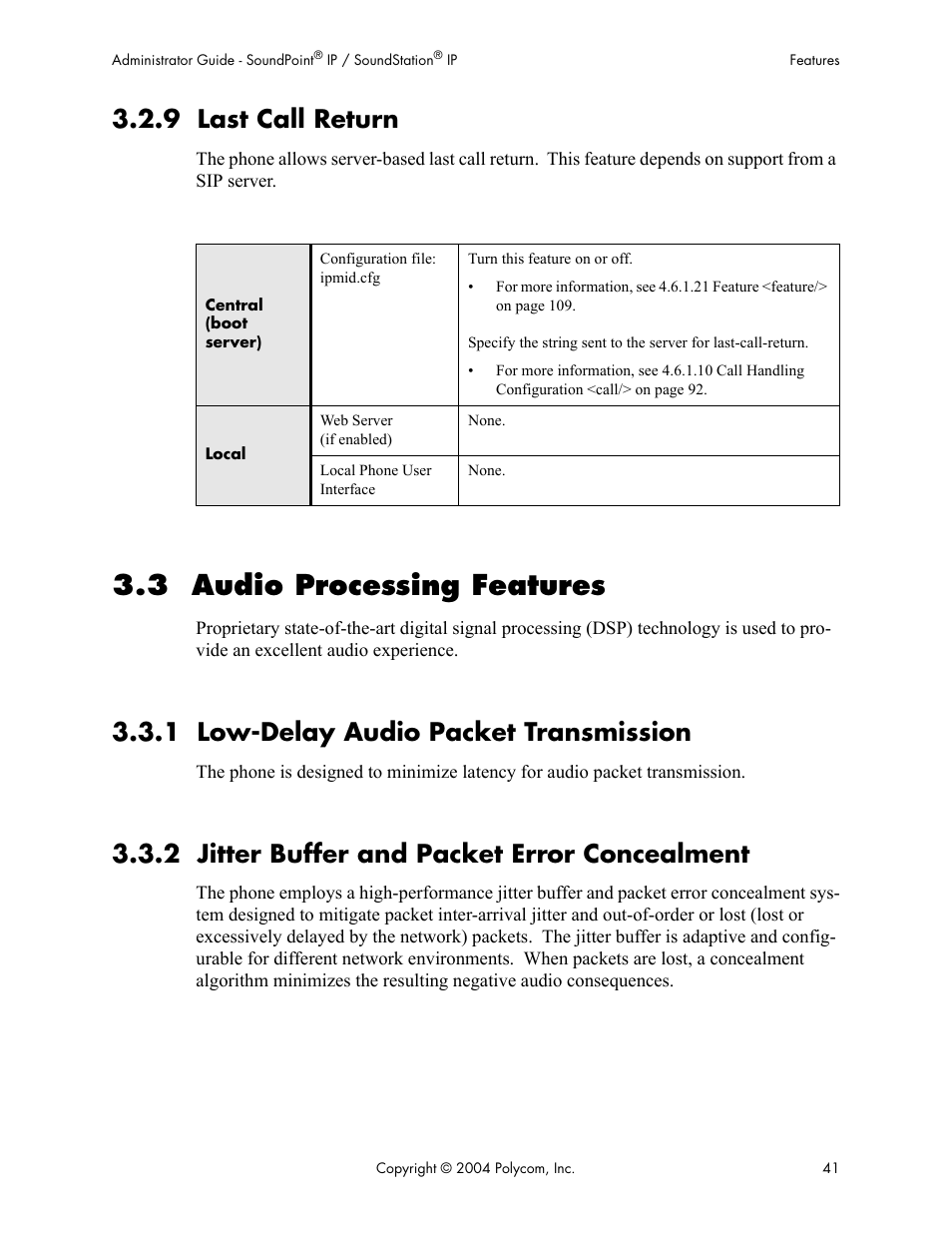 9 last call return, 3 audio processing features, 1 low-delay audio packet transmission | 2 jitter buffer and packet error concealment | Polycom Version 1.4.x 17 User Manual | Page 49 / 147