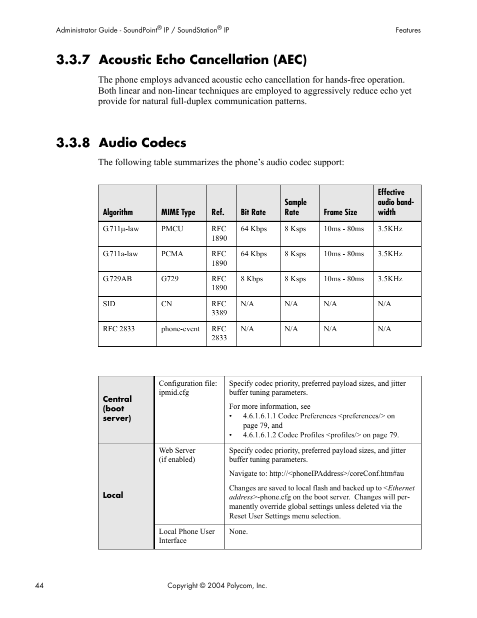 7 acoustic echo cancellation (aec), 8 audio codecs | Polycom Version 1.4.x 17 User Manual | Page 52 / 147