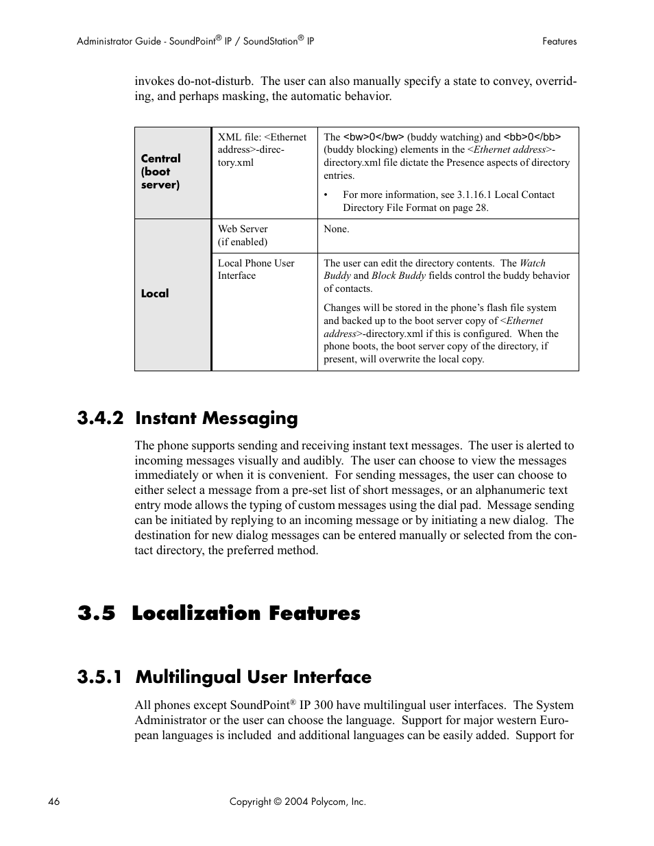 2 instant messaging, 5 localization features, 1 multilingual user interface | Polycom Version 1.4.x 17 User Manual | Page 54 / 147